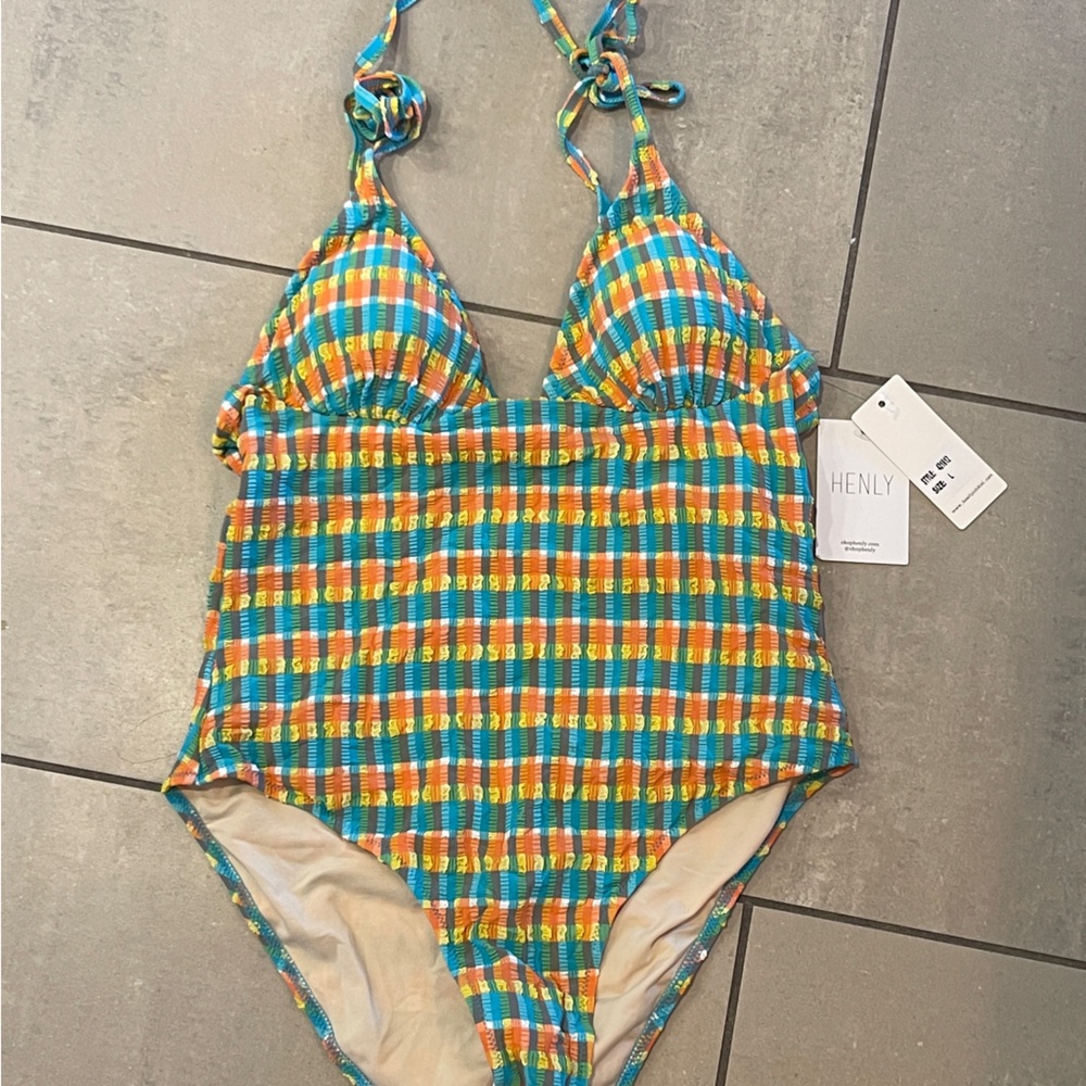 Henley plaid one piece swimsuit.